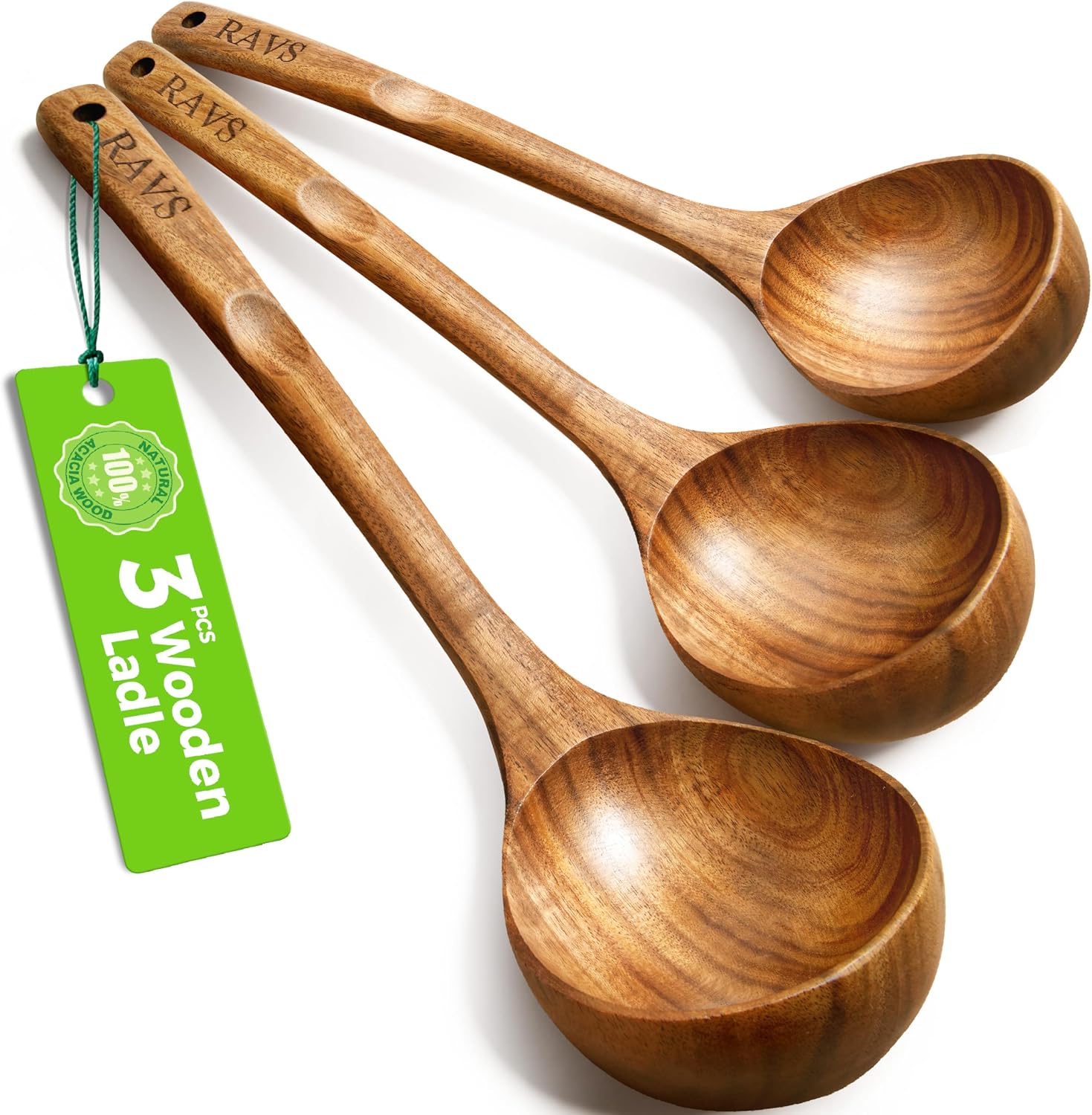 RAVS Wooden Ladle for Soup, 3PCS 100% Natural Acacia Wood